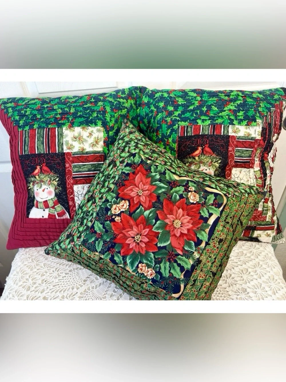 VTG 80s Set Of 3 Handmade Christmas Patchwork Quilt Snowman Throw pillows 17”